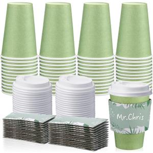 Zopeal 50 Pcs Disposable Coffee Cups With Lids and Sleeves - 12 oz Hot Travel Cups for Beverages, Wedding, Business, Party Supplies (Sage Green)