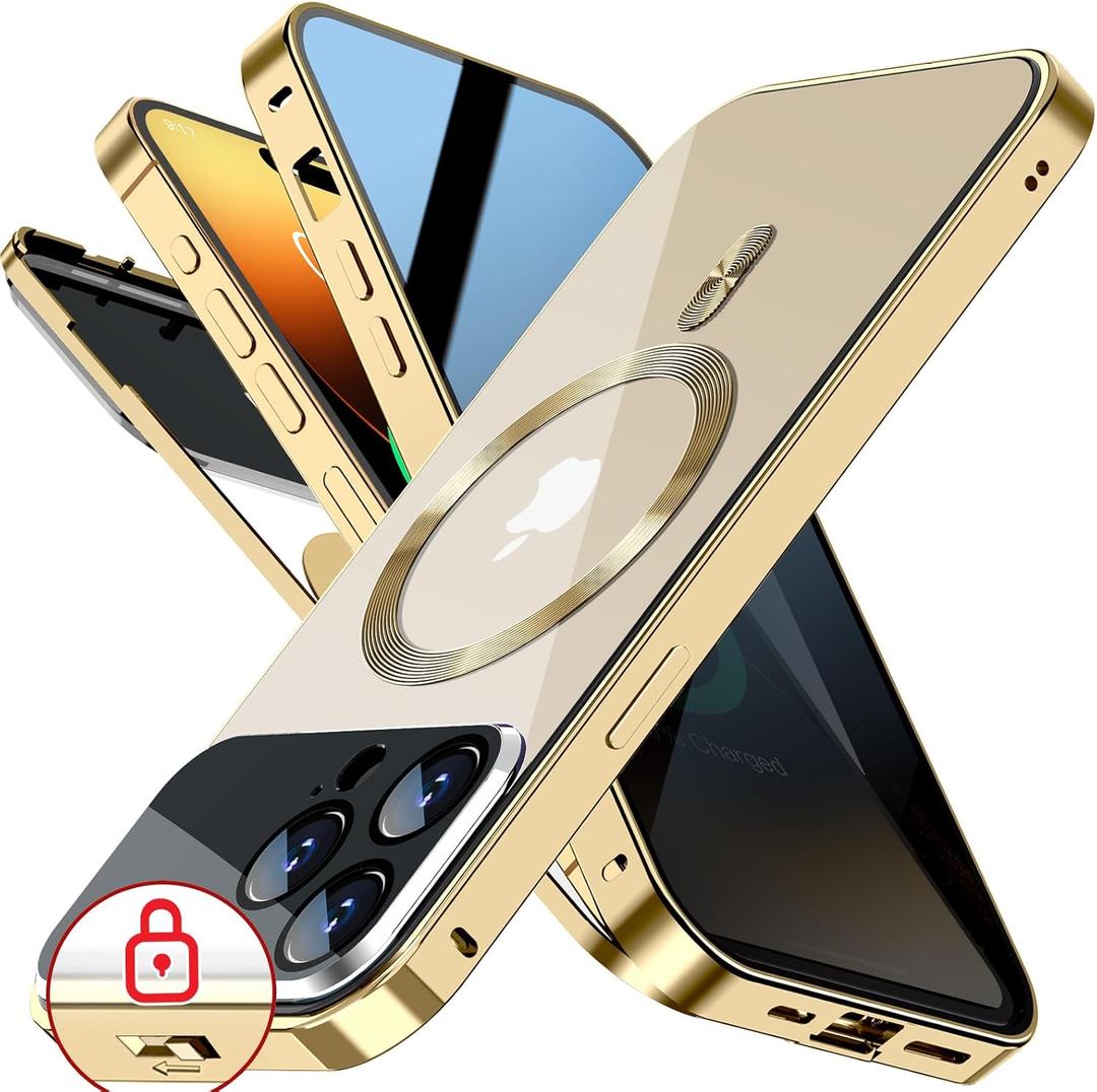 [Full Camera Protection& Mechanical Lock]Magnetic Privacy Case for iPhone 14 Pro Max[Compatible with MagSafe][CD Metal Ring]Full Body Shockproof Metal Bumper, 9H Anti Peeping Glass Cover-Gold