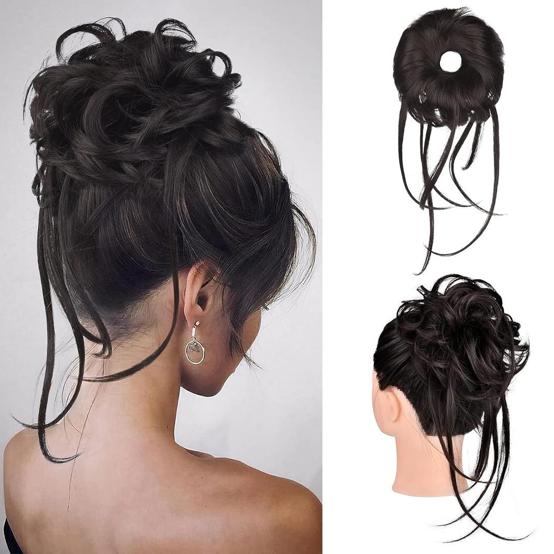 HOOJIH Messy Bun Hair Piece, Super Long Tousled Updo Hair Bun Extensions Wavy Wrap Ponytail Hairpieces Scrunchies with Elastic Band for Women HB007 Grace - Black Brown (1Pack)