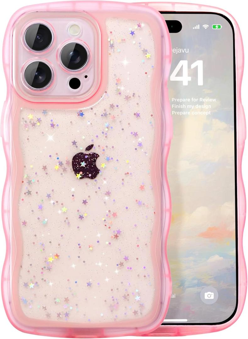 IAIYOXI Case for iPhone 12 - Curly Wave Edge Design, Bling Glitter Star Shiny Case, Cute Pink Clear Full Protection Soft TPU Shockproof Cover for Women and Girls (iPhone 12, Pink)