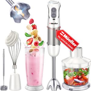 Mueller Multistick 800W 4-in-1 Immersion Blender Handheld, 12 Speed Hand Mixer - Turbo Boost, Heaviest Duty Copper Motor, Titanium Blades Blenders for Kitchen, Milk Frother Wand, Whisk, White