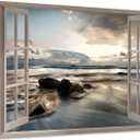 ARTISTIC PATH Open Window Canvas Artwork Print: Rocky Beach with Sunset Prints Fake Window Wall Art for Bedroom (45" W x 30" H,Multi-Sized)