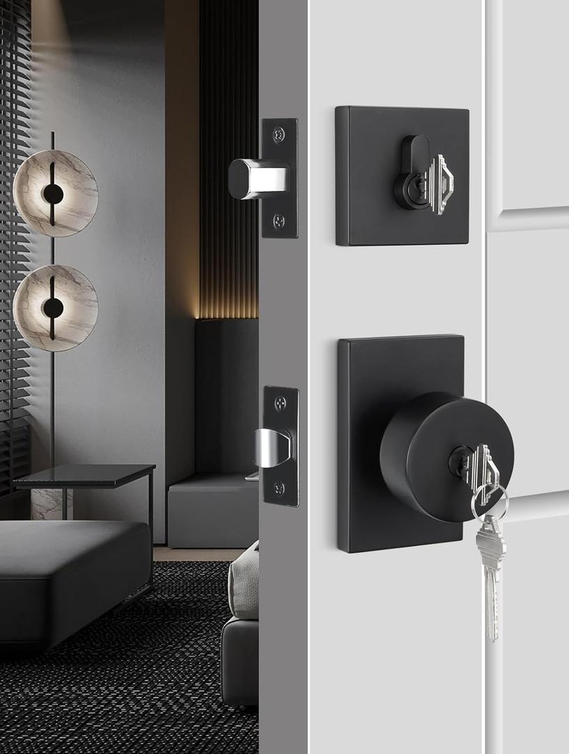 Goldenwarm Black Exterior Door Lock Set, Square Contemporary Keyed-Alike Matte Black Door Knob and Deadbolt Set, Heavy Duty Door Locks for Front Door (1 Pack)
