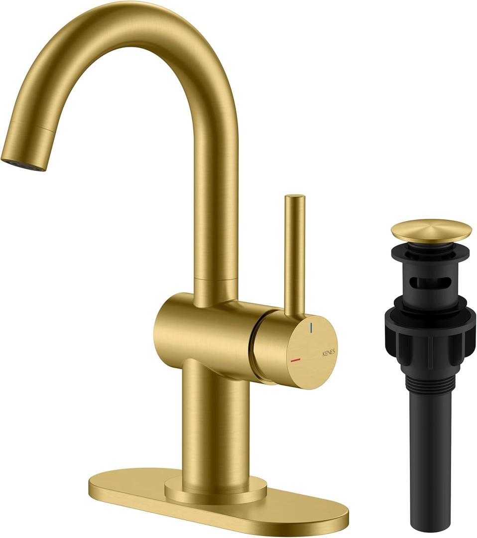 KENES Brushed Gold Single Handle Bathroom Faucets Modern Prep Wet Bar Sink Faucets Bathroom Sink Faucet with Drain Assembly & Deck Plate, Farmhouse RV Camper Outdoor Utility Faucet, KE-9005B-4 (Short)