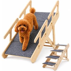 2-in-1 Dog Ramp for Bed and Couch, Wooden Pet Stairs for Small and Medium Dogs and Cats, 25.2" Foldable Pet Steps with 2 Adjustable Heights, Anti-Slip Felt Surface, Side Rails
