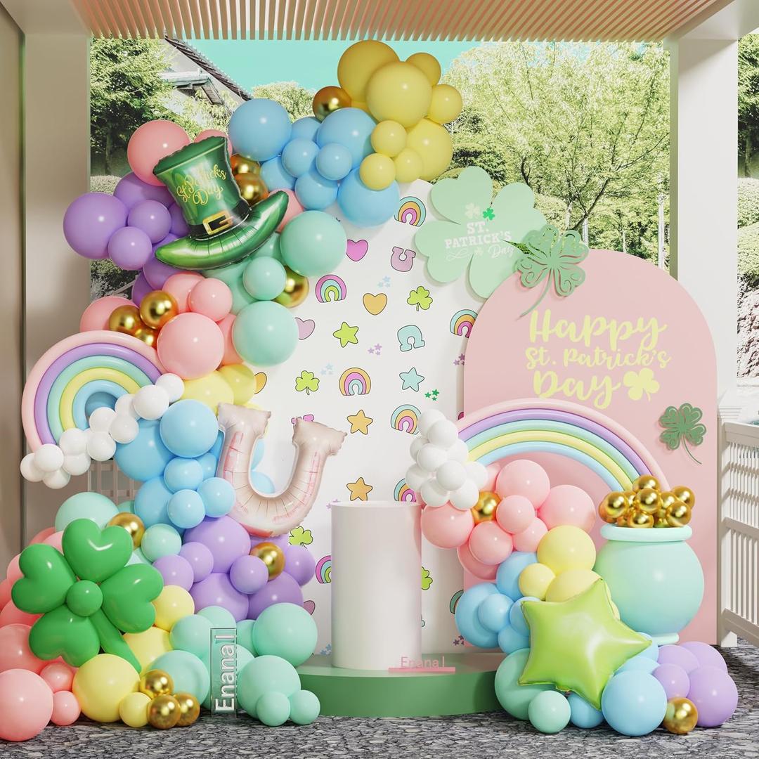 St. Patrick's Day Balloon Garland Arch Kit, 158pcs Pastel Balloons with Lucky Clover Rainbow Patrick Hat Star Foil Balloons for St.Patrick Day Irish Festival Party Baby Shower Decorations