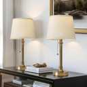 Oneach 19.5 Warm Gold Table Lamps Set of 2, Pull Chain Switch Bedside Table Lamps, Modern Nightstand Lamp with Linen Shade, Small Desk Lamp for Living Room, Bedroom, Home Office, Nursery