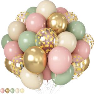 HILAVO Pink and Green Balloons Retro Sage Green Pink Metallic Gold Confetti Balloons Olive Green Gold Pink Beige Latex Balloon for Easter Jungle Safari Christmas Woodland Birthday Party Decorations