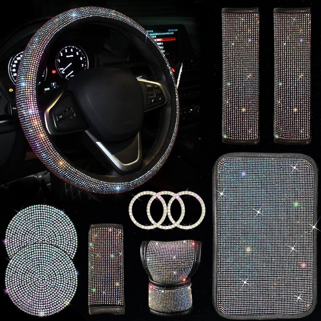11 Pcs Bling Car Accessories Set,Bling Car Accessories Set for Women,Steering Wheel Cover for Women Universal Fit 15 Inch,Rhinestone Center Console Cover