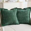 FUTEI Pack of 2 Chenille Buttons Throw Pillow Covers 18x18 Inch Soft Piped Edges Decorative Cushion Case Neutral Farmhouse Accent for Couch Living Room, Dark Green