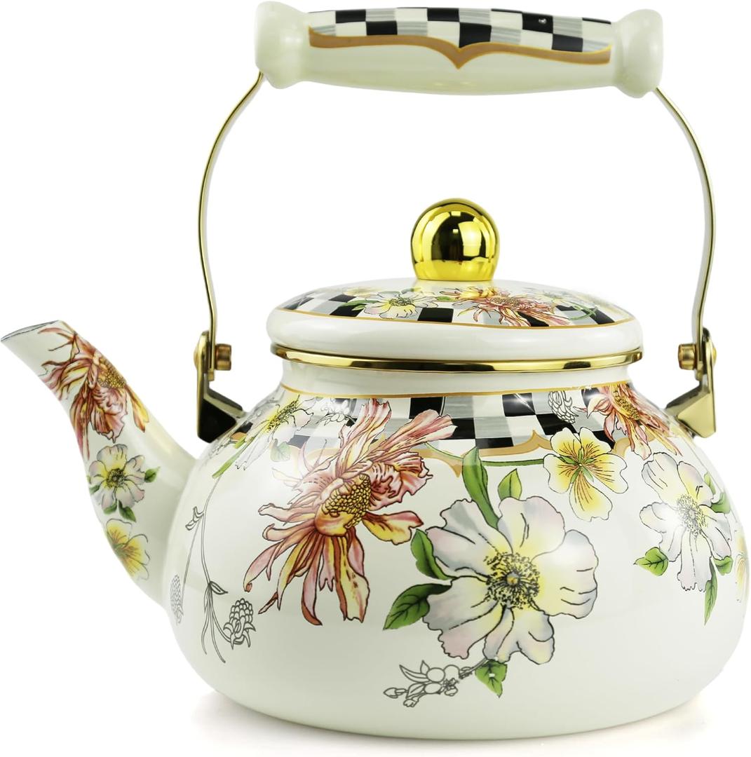 Enamel Tea Kettle, Bohemia 2.5L Vintage Floral Enamel Steel Teapot for Stovetop - No Whistling, Lead-Free, Retro Decor & Hot Water/Coffee Tea Pot, Ideal Housewarming/Wedding Gift