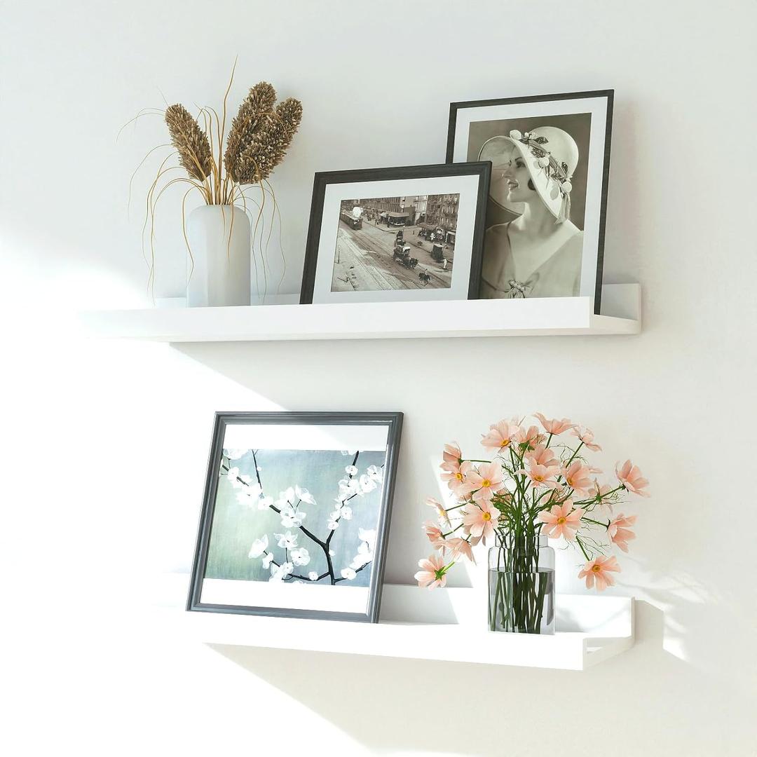 White Floating Shelves for Wall Decor, Wall Mounted Wood Storage Shelf for Bedroom, Living Room, Bathroom, Kitchen, Nursery, Display Picture Ledge Shelf with Lip Set of 2-16 Inches, White