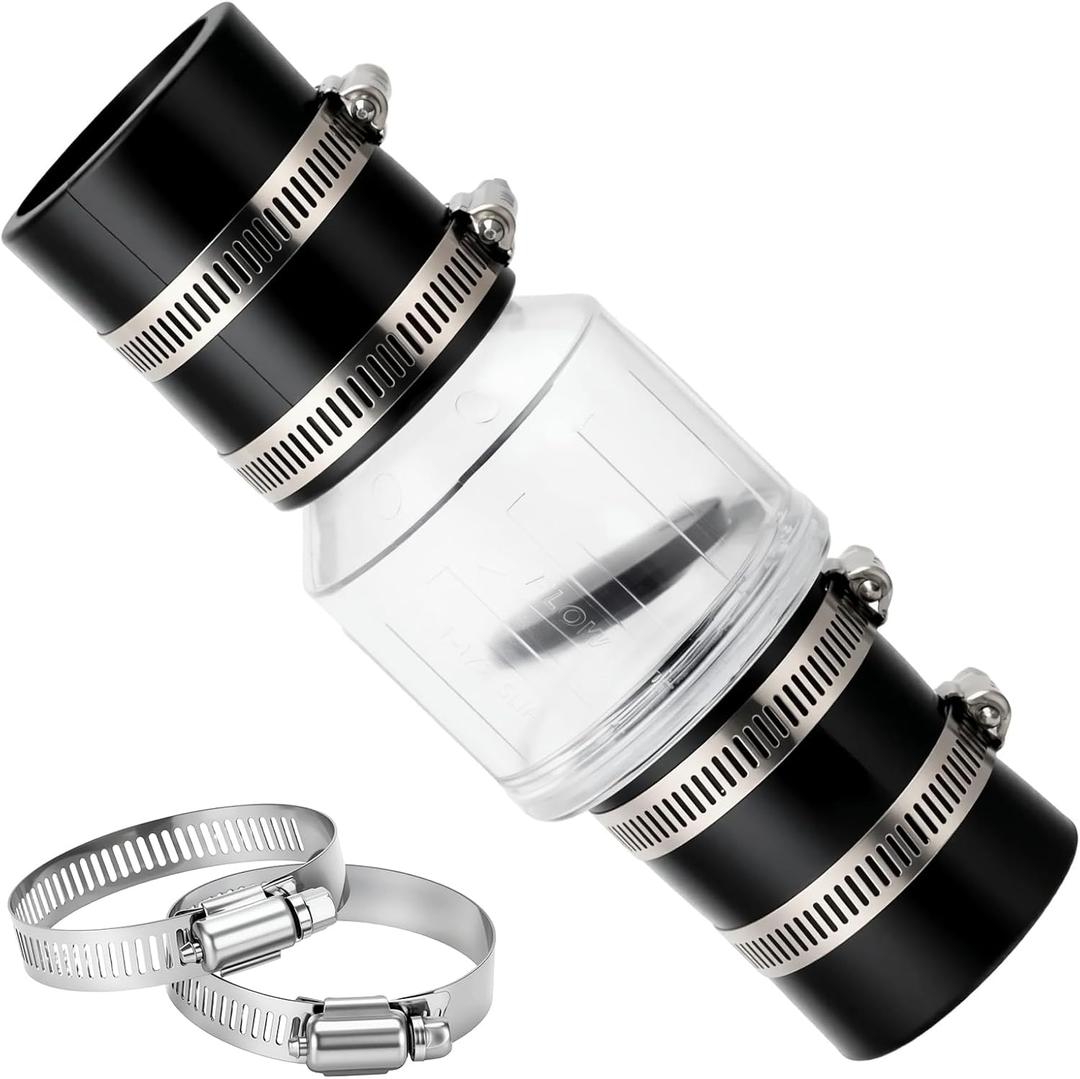 1-1/2 Inch Silent Sump Pump Check Valve, Spring-Loaded Quiet Check Valve for Backflow Prevention, Clear Body with Stainless Steel Clamps, Fits 1-1/2 Pipe