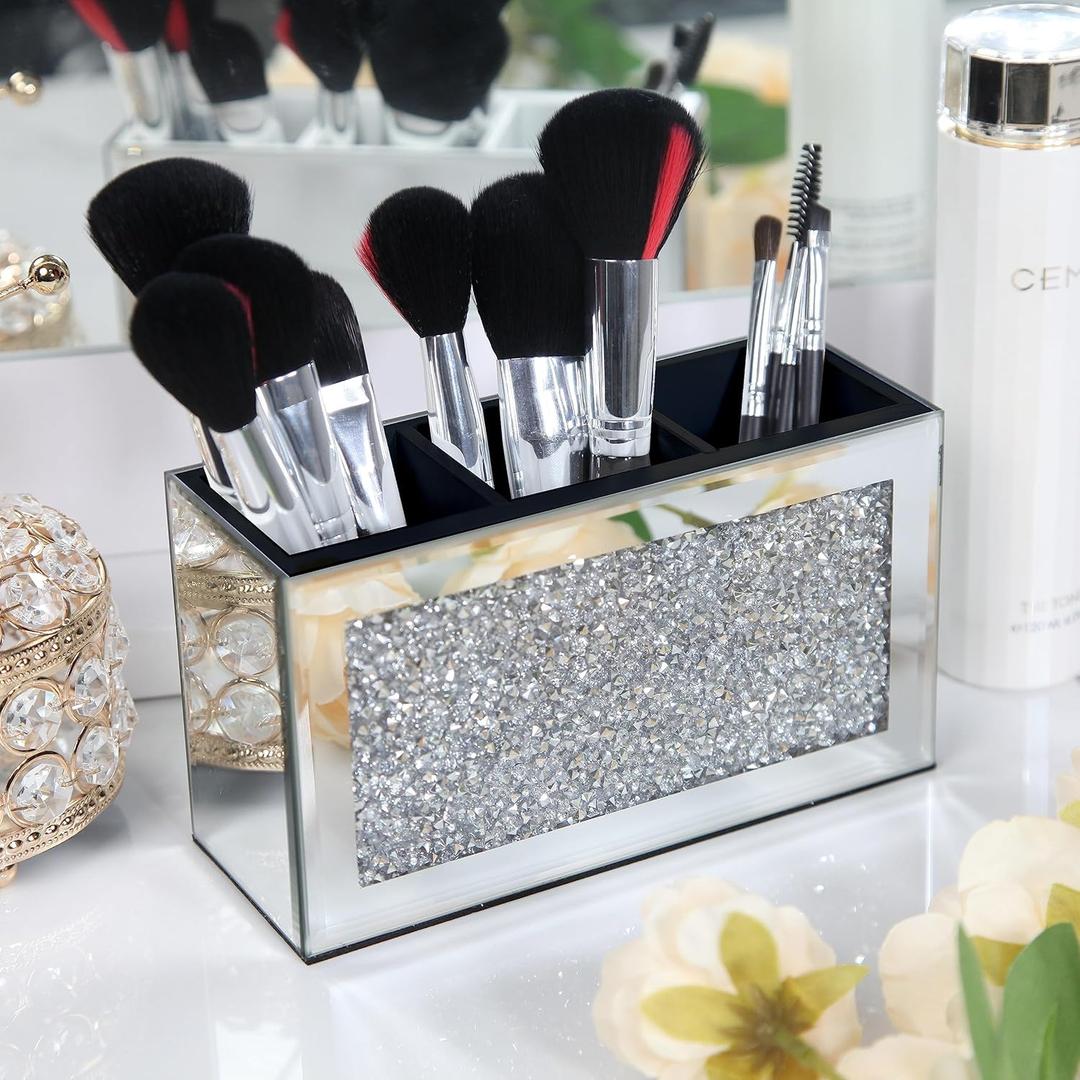 SHYFOY Mirrored Makeup Brush Holder Organizer, 3 Slot Glass Cosmetics Brushes Storage Holders with Crystal Crushed Diamond, Cute Pen and Pencil Holder for Desk, Eyeliners Display Case for Vanity (Silver)