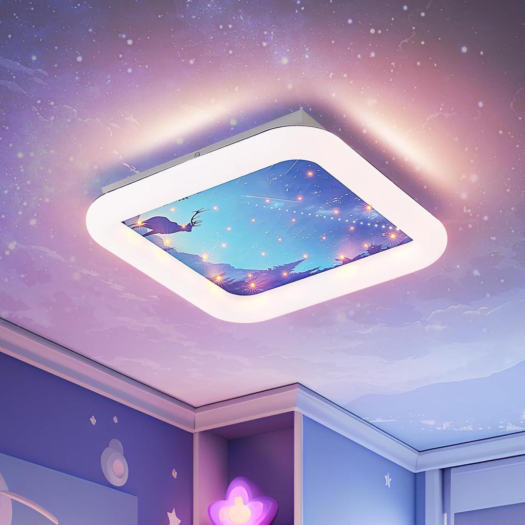 LED Ceiling Light Dimmable with Remote Control, Modern Kids Room Flush Mount Ceiling Light Fixture, Blue Cartoon Deer Ceiling Lamp for boy Room Baby Kids Room Bedroom Nursery Dining Room Kitchen