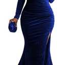 Vakkest Women Off The Shoulder Formal Dresses Long Sleeve Evening Party Velvet Maxi Dress High Split Cocktail Gowns (Large, Blue)
