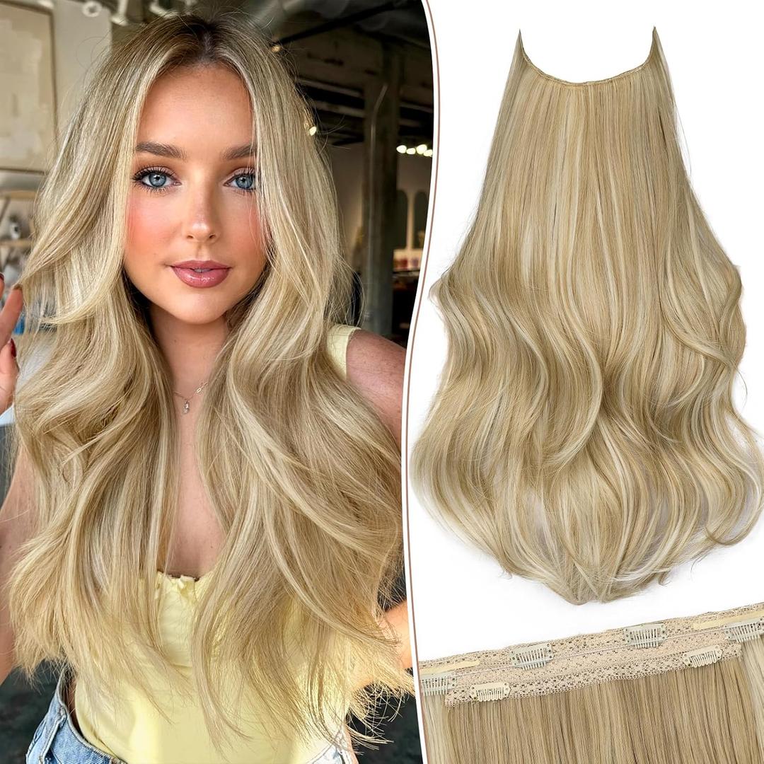 KooKaStyle Invisible Wire Hair Extensions Long Straight Layered Synthetic with Transparent Headband Adjustable Size 6 Secure Clips Hairpieces for Women(20 Inch, H1860A#Beige Blonde)
