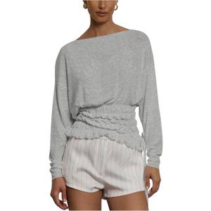 Verdusa Women's Shirred Cinched Waist Tops Drawstring Boat Neck Going Out T Shirts (Medium, Grey)