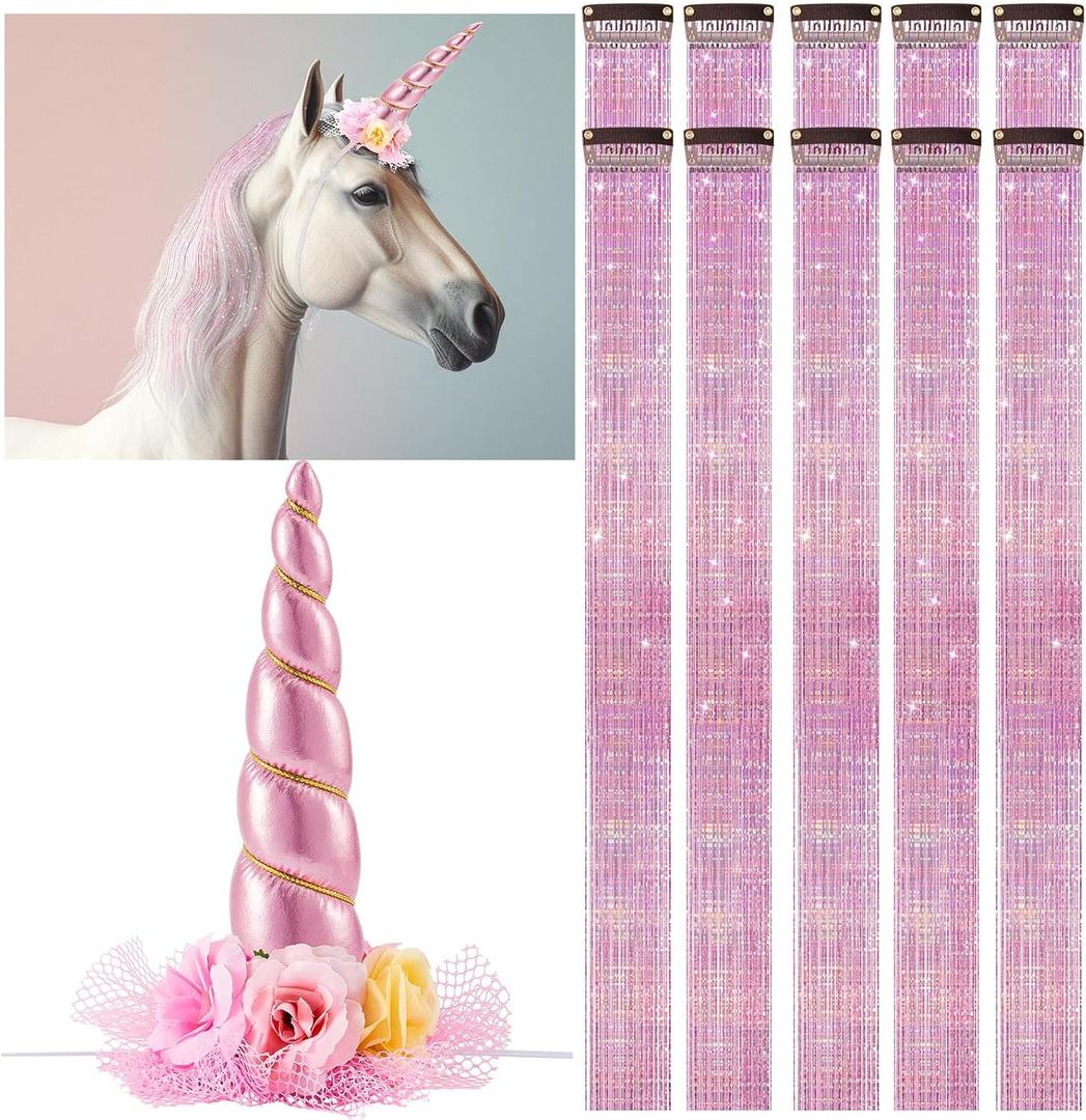 Juexica 19 Horse Costumes for Horses to Wear, Include 1 Pcs Unicorn Horn, 18 Pcs Clip in Hair Extensions for Derby Day Costumes (Pink)