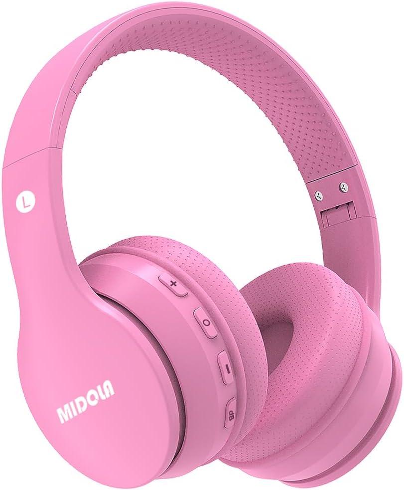 MIDOLA Kids Headphones Bluetooth 5.3 Wireless 60H Play Time Volume Limit 85/110dB Over Ear Foldable Protection Headset/Wired AUX Cord Mic for Children Boy Girl Travel School Phone Pad Tablet Pink
