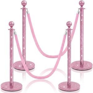 Ferraycle 4 Pcs Stainless Steel Stanchions Post Queue 38 Inch, 5 ft Velvet Carpet Ropes and Pole, Control Barriers for Wedding Birthday Party Decoration Sand Injection Hollow Base Set (Glitter Pink)
