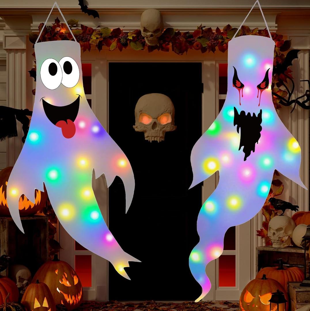 Halloween Decorations Outdoor Indoor, 2 Pack Light Up Ghost Decorations with LED Lights, Hanging Ghost Halloween Decor for Yard Porch Garden Lawn Party (2B-2Pack)