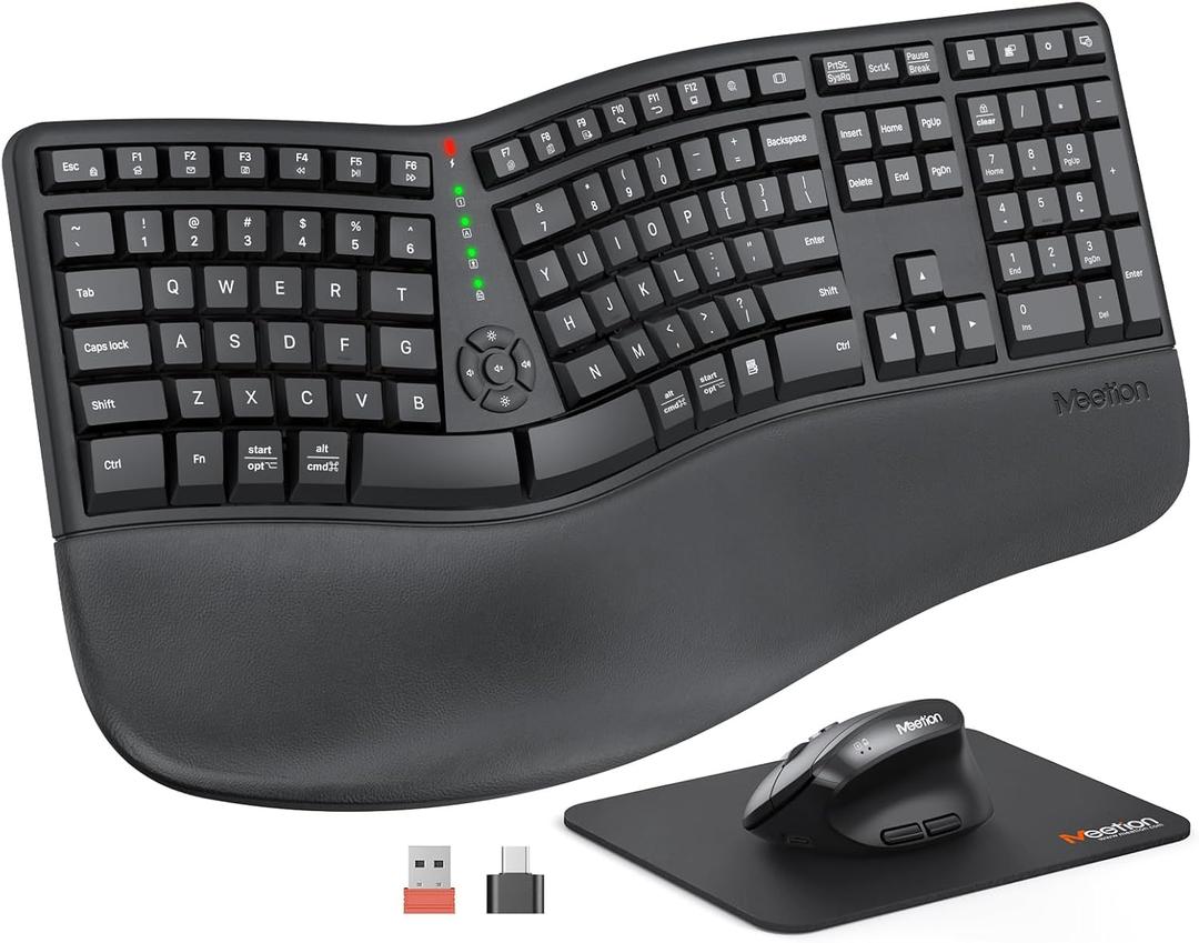 MEETION Ergonomic Wireless Keyboard and Mouse, Ergo Keyboard with Vertical Mouse, Split Cushioned Wrist Palm Rest, Natural Typing, Rechargeable, Full Size, Windows/Mac/Computer/Laptop, Black DirectorC (Large)