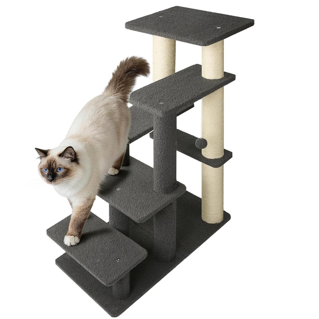 5-Step Pet Steps for Cats/Dogs, Cat Stairs with Sisal Scratching Post, Cat Steps for Older Cats with Enlarge Perch, Pet Stairs for High Bed and Couch, Gray