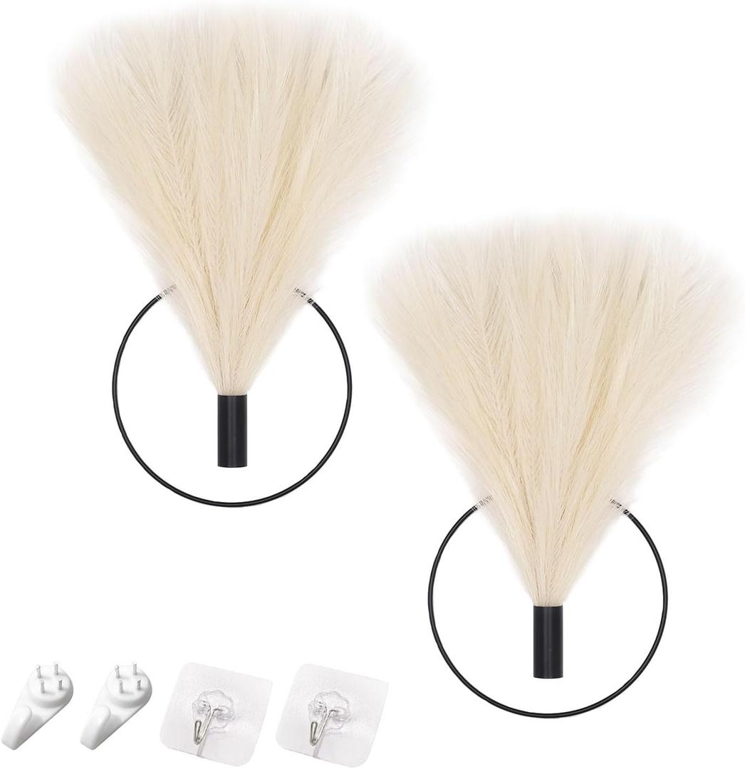 Pretty Jolly Boho Wall Decor, Wall-Mounted Metal Wall Decor, Hanging Artificial Pampas Display, Wall Art Living Room, Bedroom, Bathroom,Plant 2 Pack (S 7.8inch (Black Ring), Beige)