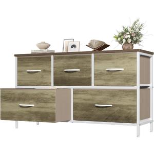 OLIXIS 5 Drawer Dresser for Bedroom, Storage Organizer Unit for Closet | Chest of Drawers for Clothes Storage with Bins, Wide Fabric Bedroom Dresser, Wooden Top, Living Room, Greige Oak