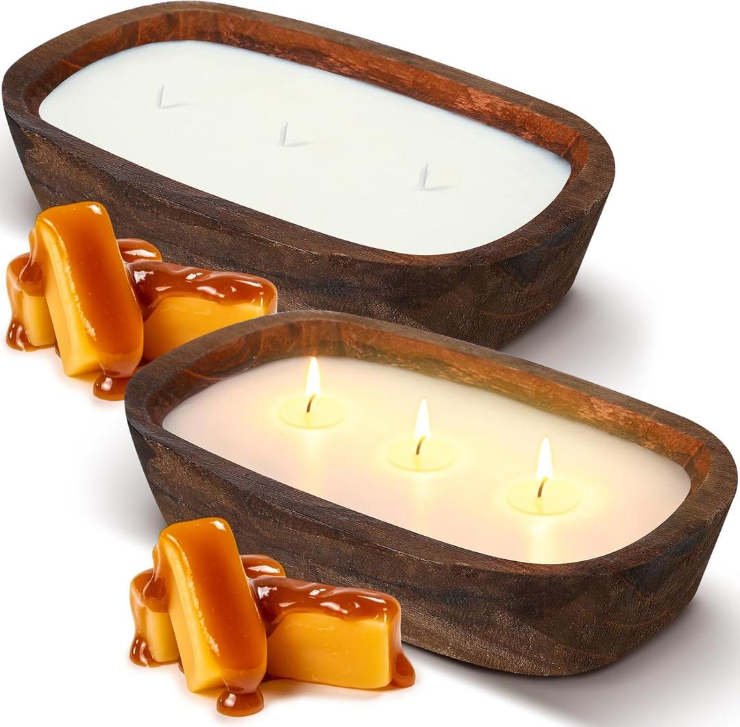 Threlaco 2 Pack Wood Dough Bowl Candle Jar Candle Decorative with Wick Scented Candles Soy Gifts for Men Women Farmhouse Table Centerpiece Home(Apple and Cinnamon)