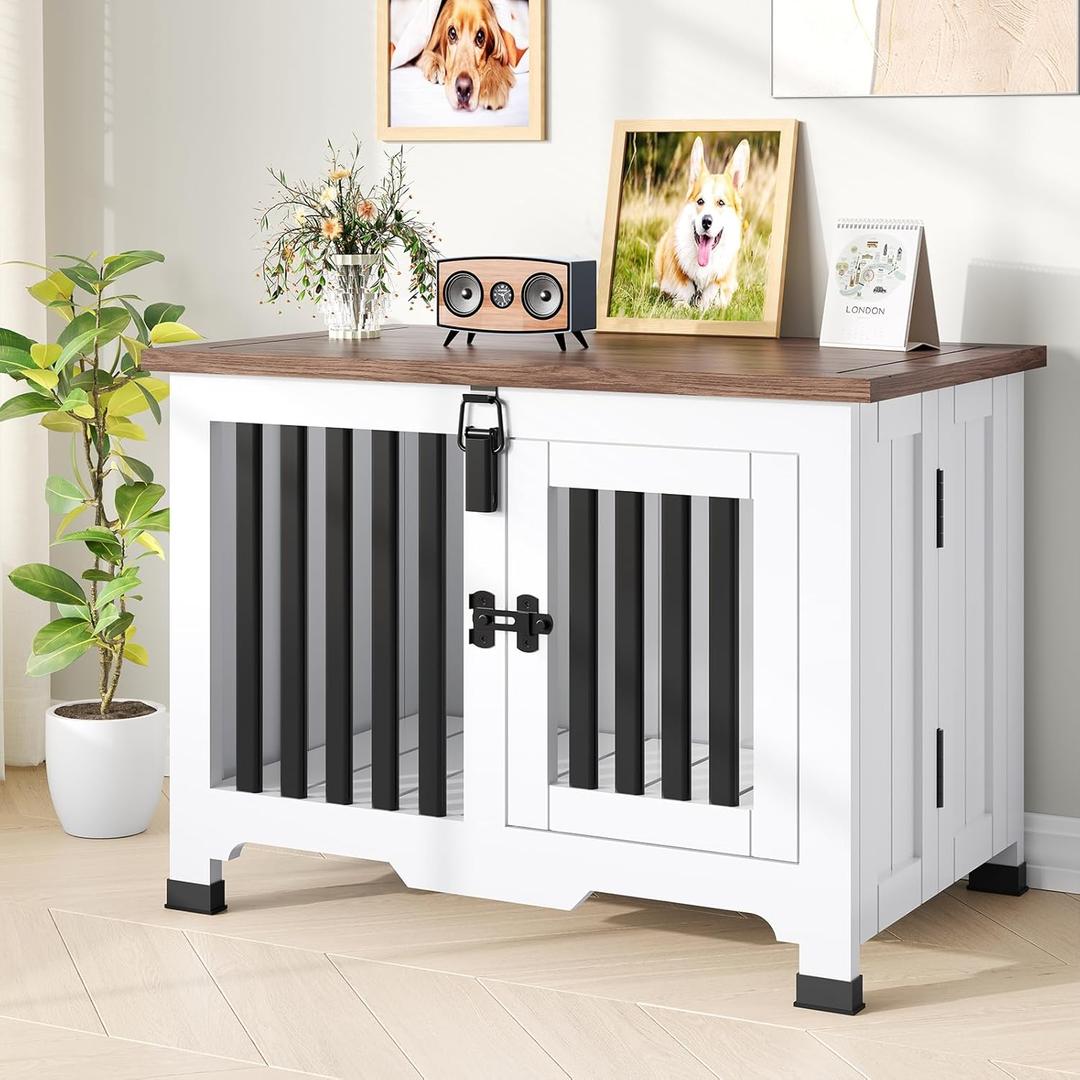 Wooden Dog Crate Furniture,Foldable and Portable Dog Kennel Furniture Indoor,Decorative Dog Crate End Table No Assembly.(Medium,White) (33.1"L x 19.7"W x 24.0"H)