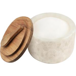 Salt and Pepper Spice Cellar, Marble Container for Coffee, Sugar, Spices and Candies, With Built-in Magnetic Attraction Spoon and Acacia Wood Lid, 6.5 oz (Snowflake White)