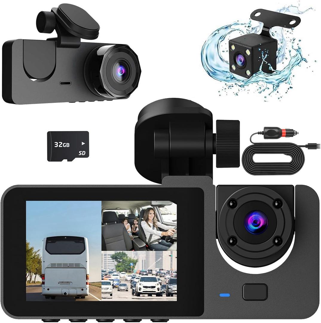 3 Channel Dash Cam Front and Rear Inside, 1080P Full HD Dash Camera for Cars with 32GB SD Card, Dash Cam Dashboard Camera Recorder 170° Wide Angle, Night Vision, WDR 24H Parking Mode G-Sensor
