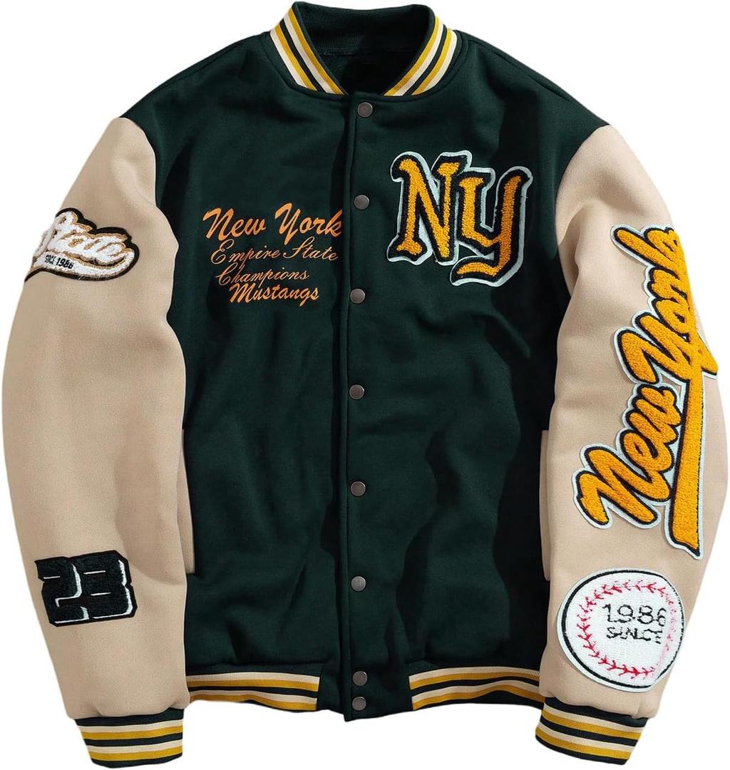 GORGLITTER Men's Letter Graphic Varsity Jacket Long Sleeve Striped Trim Button Bomber Jackets (L)