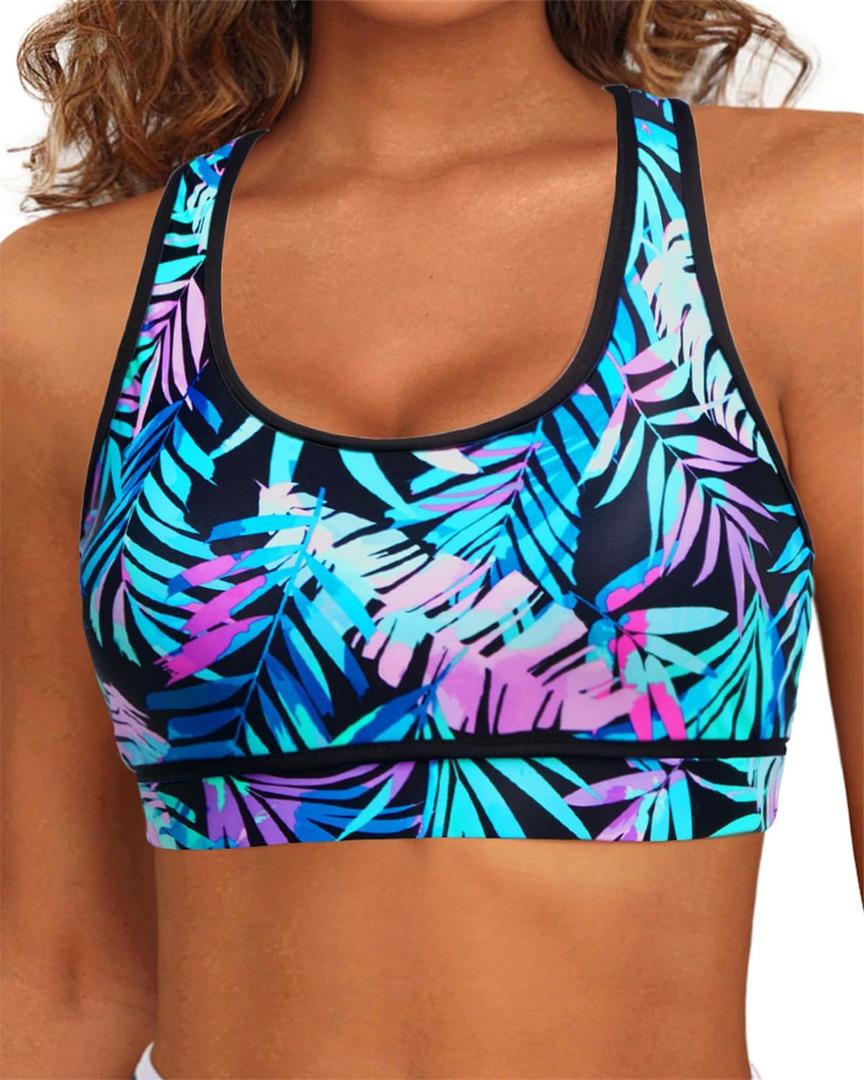 Holipick Women's Sports Bra Bikini Tops Racerback Swim Top Scoop Neck Bathing Suits Top Modest Padded Crop Tops Swimsuit Only (Medium)