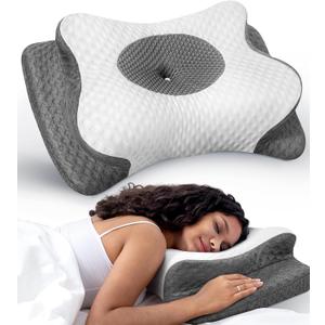 No More Aches Neck Pillow for Pain Relief, Adjustable Cervical Pillow for Neck Support with Armrest,Odorless Ergonomic Contour Memory Foam Pillows,Orthopedic Bed Pillow for Side Back Stomach LightGrey