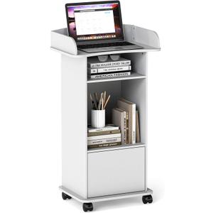 Podium Stand Portable,Mobile Pulpit Podium with Lockable Wheels,Wooden Hostess Stand Reception Desk with Adjustable Shelf and Storage Cabinet for Churches Conference School (White)