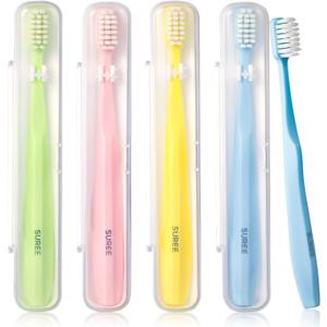 SUREE Extra Soft Toothbrush for Sensitive Teeth, Upgraded 10000 Ultra Soft Bristles for Adults & Elders, Manual Travel Toothbrush with Individual Portable Case (4 Pack)