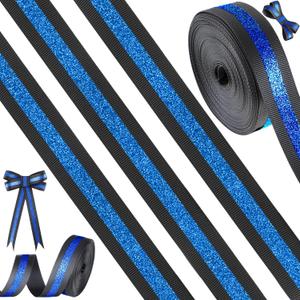 Tegeme 10 Yards 7/8 Inch Christmas Ribbon Glitter Blue and Black Ribbon Metallic Roll Polyester Craft for Xmas Tree Wreath DIY Gift Wrapping Hair Bows Wedding Birthday Party Supplies