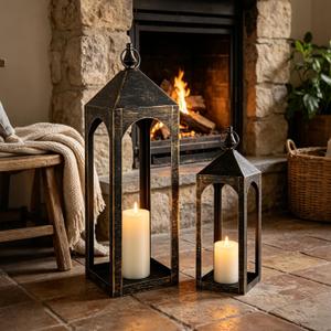 23" 17" Large Bronze Metal Candle Lanterns Decorative Indoor Modern Farmhouse Lantern Decor Set of 2 Outdoor Lanterns for Porch Patio Floor Mantle Fireplace Lantern for Christmas Halloween Home Decor