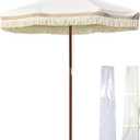 7ft Patio Beige Umbrella with Tassels UPF50+ Boho Style 5-Year-Non-Fading for Outdoor,Model:BH7W-01P (7FT, BOHO-Ivony Xchevron)