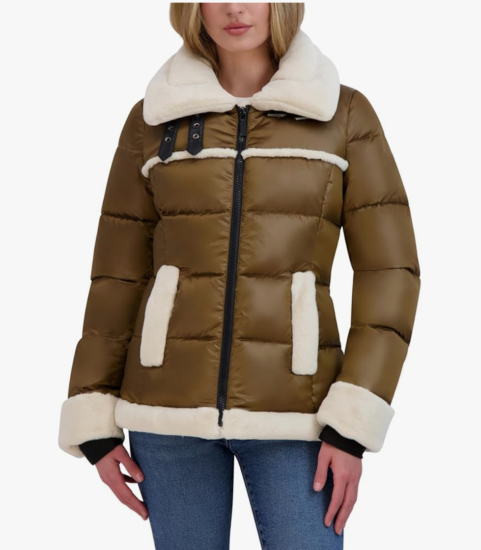 Laundry by Shelli Segal Women's Satin Puffer Jacket with Faux Fur Trim XXL