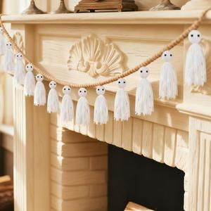 Tegeme 7ft Halloween Rustic Ghost Garland Decoration with Wooden Beads Rustic Ghost Banner Halloween Hanging Ghosts Garlands for Indoor Outdoor Wall Home Room Mantel Fireplace Decor(White)