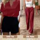 Ekouaer Satin Pajama Set Womens Silk Short Sleeve V Neck Shirt with Long Pant Soft Loungewear Pjs Set (Red, XXL)