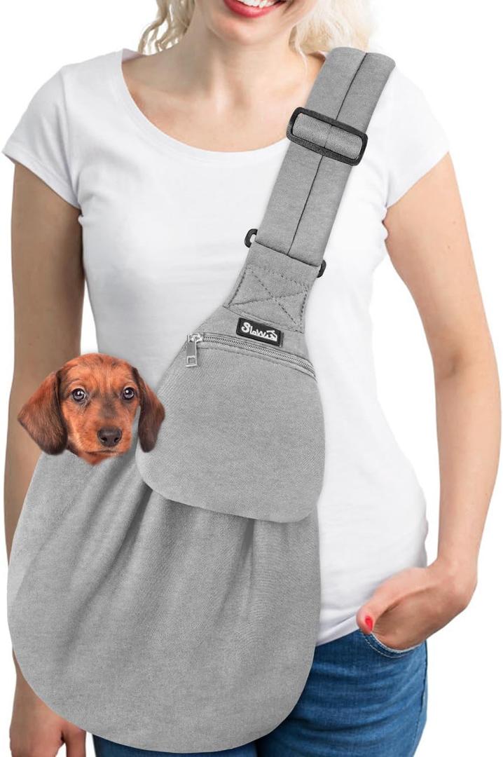 SlowTon Dog Carrier Sling - Thick Padded Shoulder Strap Adjustable Dog Carriers for Small Dogs, Puppy Carrier Purse for Pet Cat with Front Zipper Pocket Safety Belt Machine Washable (GY, L) (D-Light Grey Knitted Fabric)