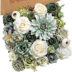 YYHUAWU Artificial Flowers Combo Set Fake Flower Leaf Box with Stems for DIY Wedding Bouquets Centerpieces Arrangements Baby Shower Party Home Decorations (Tiffany Blue & Forest Green)