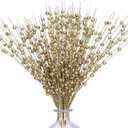 10 Pack Golden Artificial Glitter Berry Stems 15.7" Fake Christmas Picks Decorative Glitter Sticks for Christmas Tree DIY Wreath Crafts Fireplace Decor
