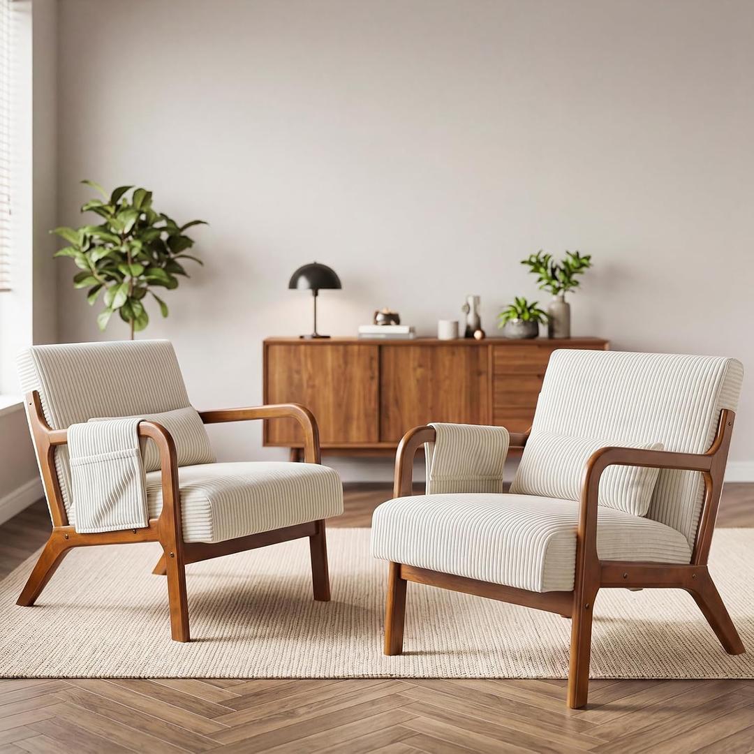 DUMOS Accent Chairs Set of 2, Mid Century Modern Accent Chair with Lumbar Pillow and Solid Wood Frame, Upholstered Armchair Reading Chair for Living Room, Bedroom, Beige, 2 PC