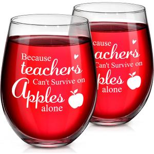 Stemless Glasses, Teacher Appreciation Gift for Teacher Week, Birthday, Christmas, 17 oz Glass for Appreciating, Professor, Instructor, Mentor, Set of 2(Because Teachers)